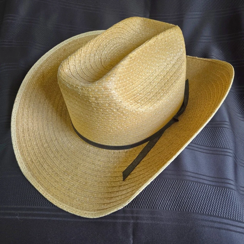 Vintage Straw Cowboy Hat 7 3/8 Natural Tan Woven Western Cattleman Crease